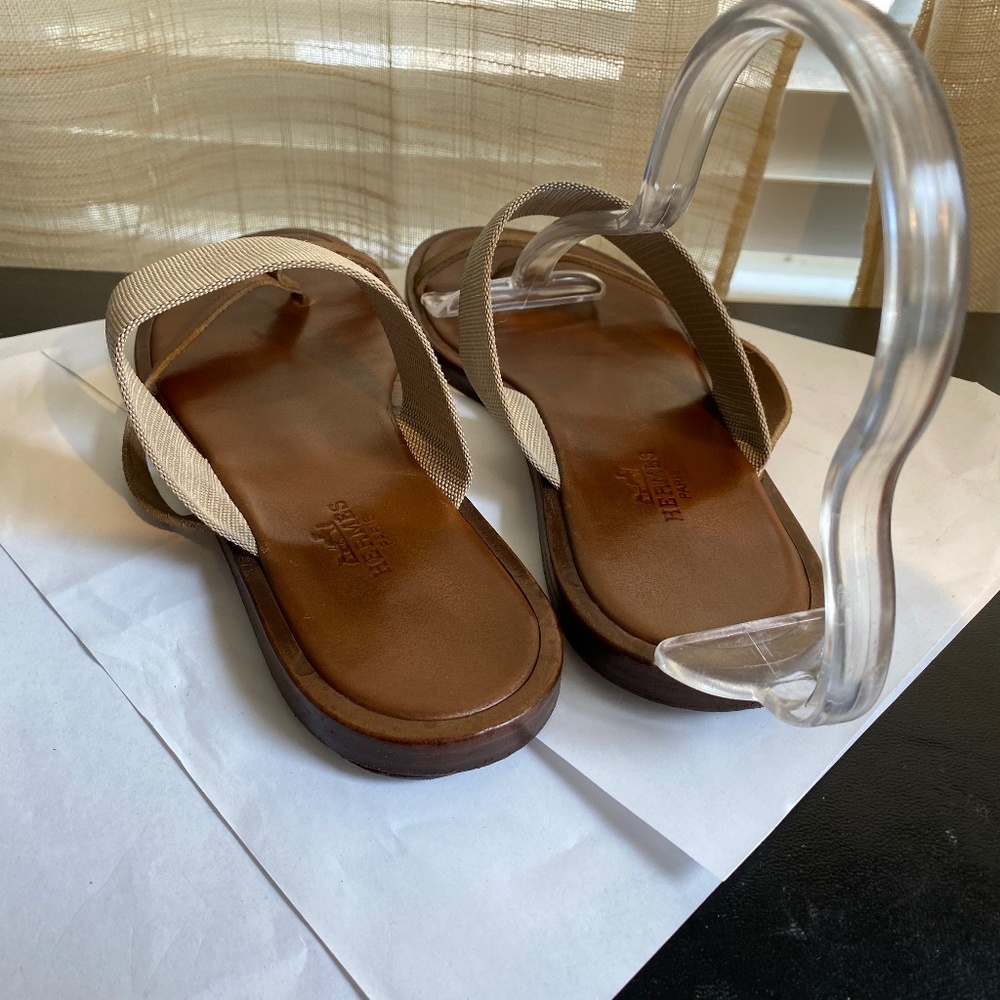 Hermes brown leather fabric thong sandals mules flats $1400 slip-on size 37-7 - Picture 6 of 8